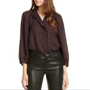 NWT 100% Silk FRAME Heart Print Ruffle Trim Top